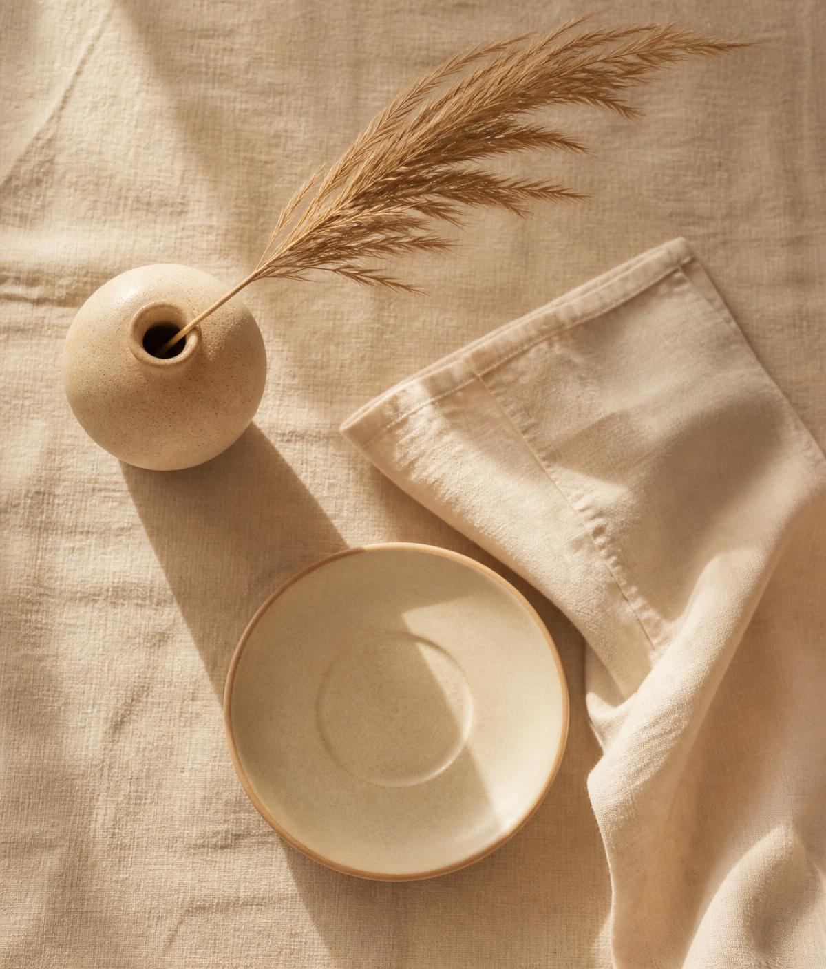 Vaso de cerâmica com pampa e prato — natureza morta minimalista