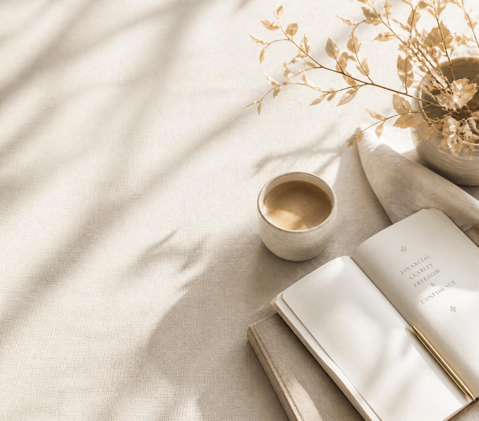 Caderno aberto, xícara de café e ramo dourado sobre linho — atmosfera Selene